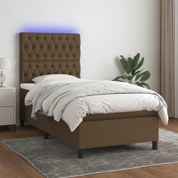 vidaXL Cama box spring colch&oacute;n y luces LED tela marr&oacute;n oscuro 90x190cm