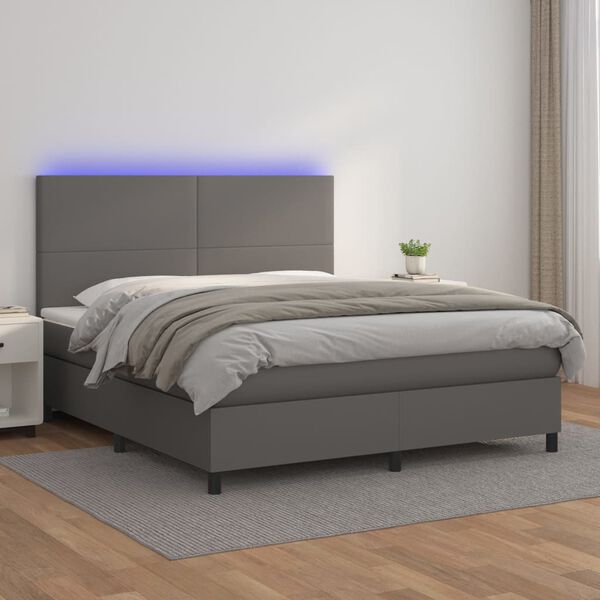 vidaXL Cama box spring colch&oacute;n y LED cuero sint&eacute;tico gris 160x200 cm