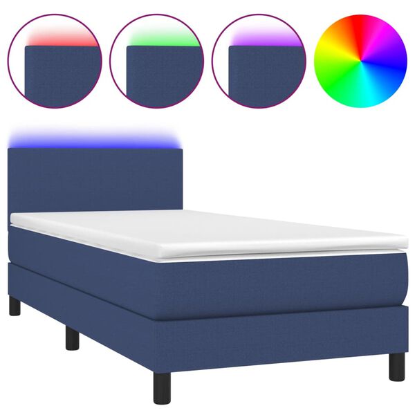 vidaXL Cama box spring con colch&oacute;n y LED tela azul 90x190 cm