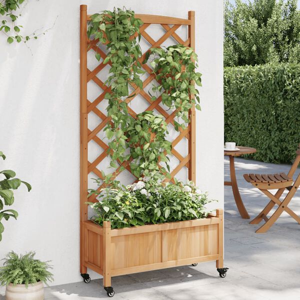 vidaXL Jardinera con enrejado y ruedas madera maciza de abeto marr&oacute;n
