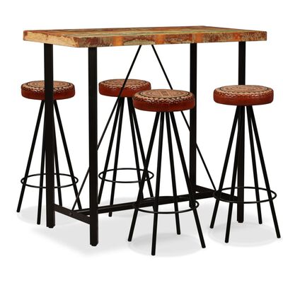 vidaXL Mesa y 4 taburetes bar madera maciza reciclada cuero real lona
