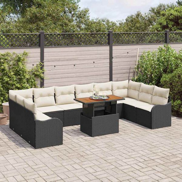 vidaXL Conjunto de sof&aacute; de jard&iacute;n con coj&iacute;n 11 pcs Negro y crema