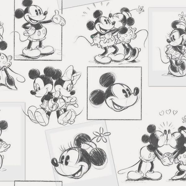 Kids at Home Papel pintado Mickey and Minnie boceto negro y blanco