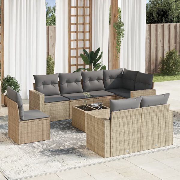 vidaXL Set de sof&aacute;s de jard&iacute;n 9 pzas con cojines rat&aacute;n sint&eacute;tico beige