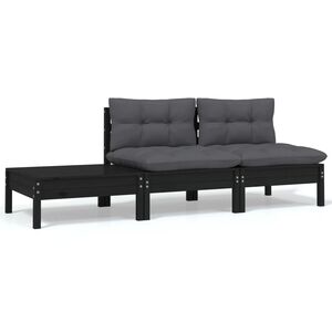 vidaXL Juego muebles de jard&iacute;n 3 pzas cojines negro madera pino maciza