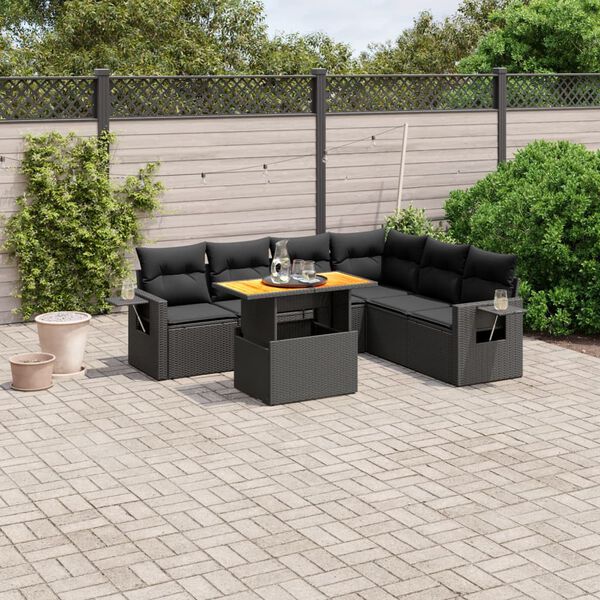 vidaXL Set de comedor de jard&iacute;n 7 pzas y cojines rat&aacute;n sint&eacute;tico negro