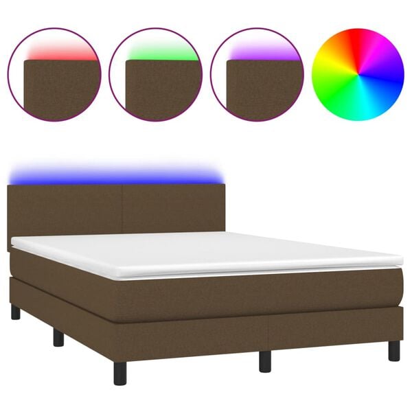 vidaXL Cama box spring con colch&oacute;n LED tela marr&oacute;n oscuro 140x200 cm
