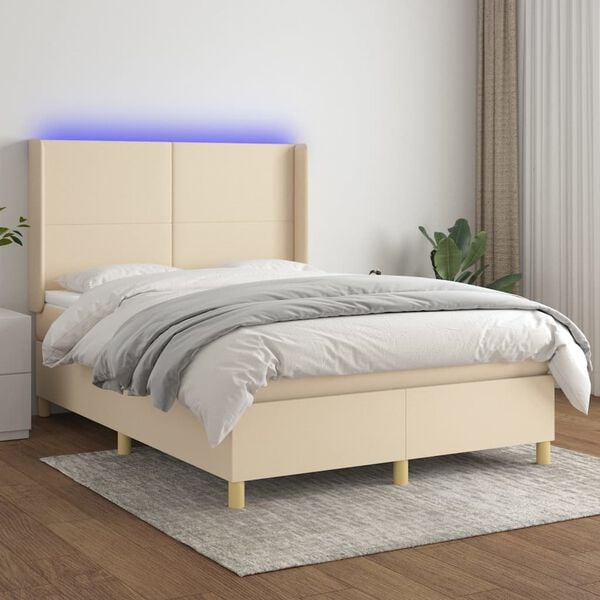 vidaXL Cama box spring colch&oacute;n y luces LED tela crema 140x190 cm