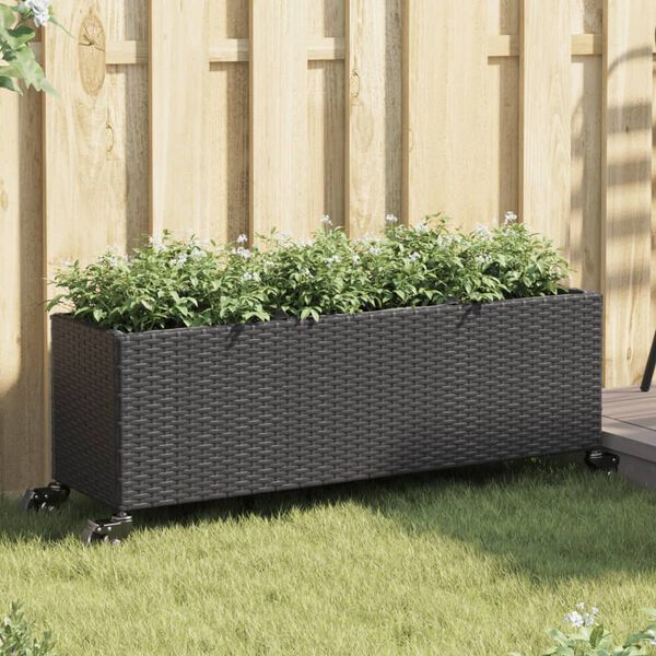 vidaXL Jardinera con ruedas y 3 maceteros rat&aacute;n PE negro 107x32x38 cm