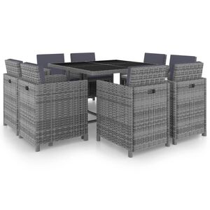 vidaXL Set comedor de jard&iacute;n 9 piezas y cojines rat&aacute;n sint&eacute;tico gris