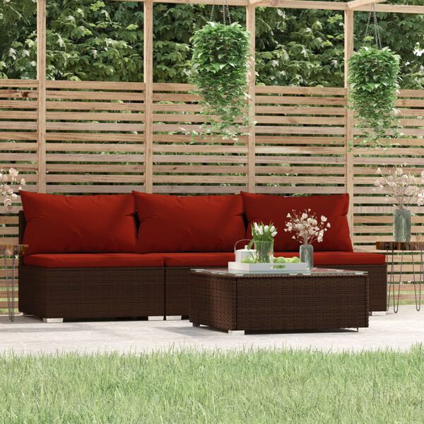 vidaXL Set muebles de jard&iacute;n 4 piezas y cojines rat&aacute;n sint&eacute;tico marr&oacute;n
