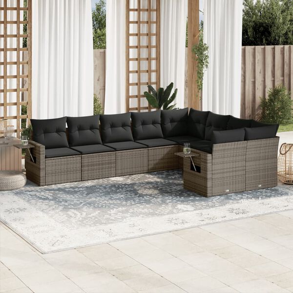 vidaXL Set de muebles de jard&iacute;n 9 pzas y cojines rat&aacute;n sint&eacute;tico gris