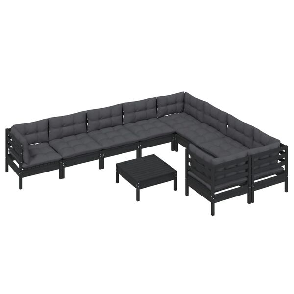 vidaXL Muebles de jard&iacute;n 10 pzas con cojines negro madera de pino