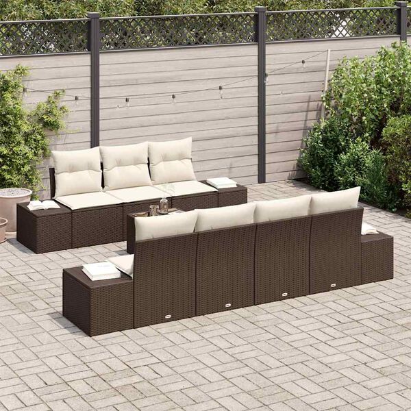 vidaXL Conjunto de sof&aacute; de jard&iacute;n 8 pcs Marr&oacute;n y crema rat&aacute;n sint&eacute;tico