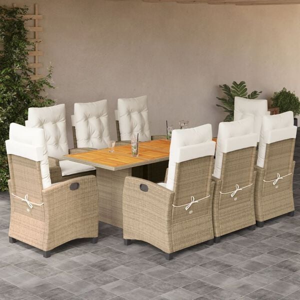 vidaXL Set comedor de jard&iacute;n 9 pzas con cojines rat&aacute;n sint&eacute;tico beige