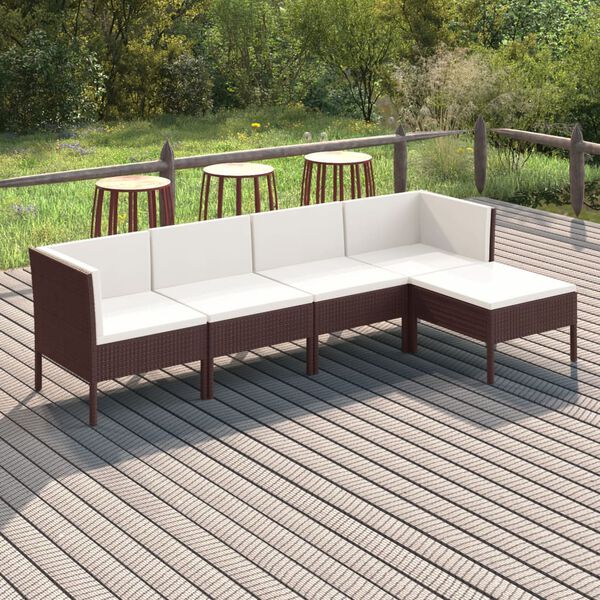 vidaXL Set muebles de jard&iacute;n 5 pzas y cojines rat&aacute;n sint&eacute;tico marr&oacute;n