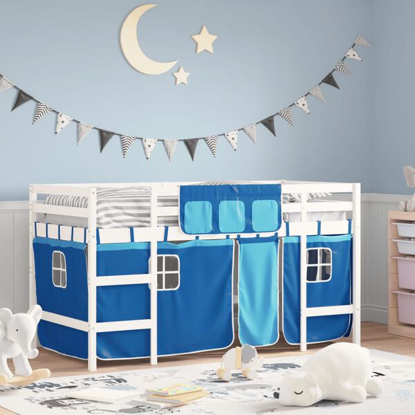 vidaXL Cama alta para ni&ntilde;os con cortinas madera pino azul 90x190 cm