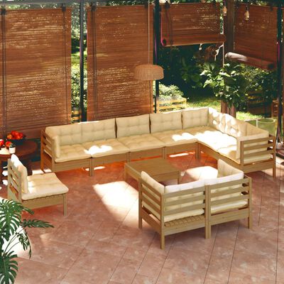 vidaXL Muebles de jardín 11 pzas y cojines madera de pino marrón miel