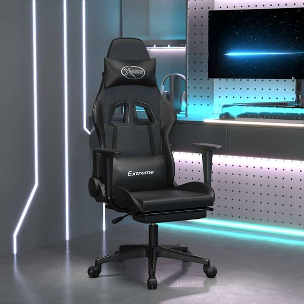 vidaXL Silla gaming de masaje y reposapiés cuero sintético negro