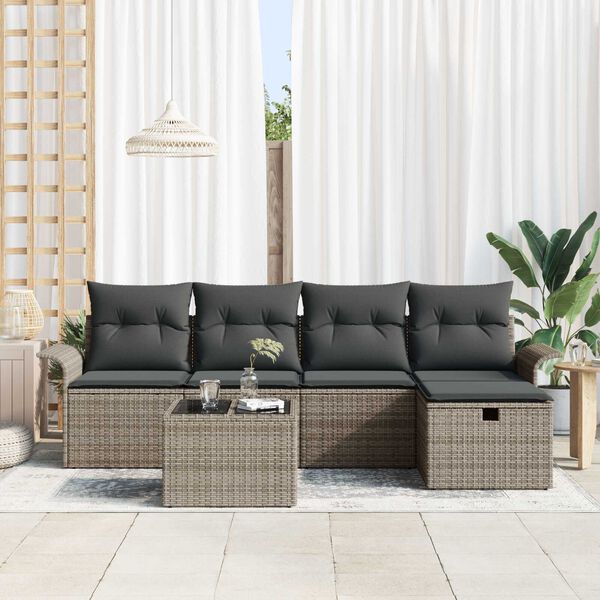 vidaXL Conjunto de sof&aacute; de jard&iacute;n con coj&iacute;n 6 pcs Gris rat&aacute;n sint&eacute;tico