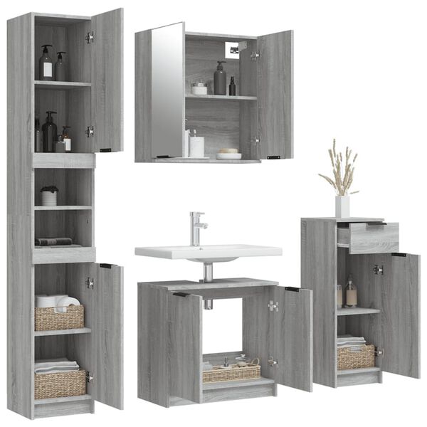 vidaXL Set de armario de ba&ntilde;o 4 pzas madera contrachapada gris sonoma