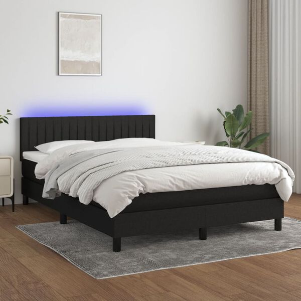 vidaXL Cama box spring colch&oacute;n y luces LED tela negro 140x200 cm