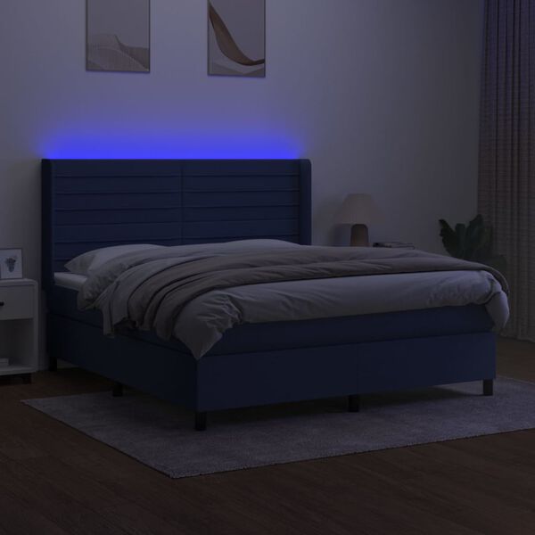 vidaXL Cama box spring colch&oacute;n y luces LED tela azul 180x200 cm
