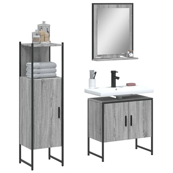 vidaXL Set de muebles de ba&ntilde;o 3 pzas madera contrachapada gris sonoma