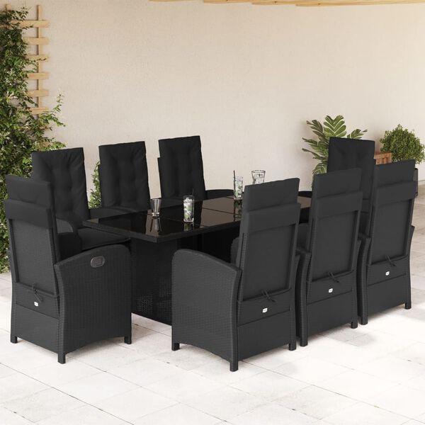 vidaXL Set de comedor de jard&iacute;n 9 pzas y cojines rat&aacute;n sint&eacute;tico negro