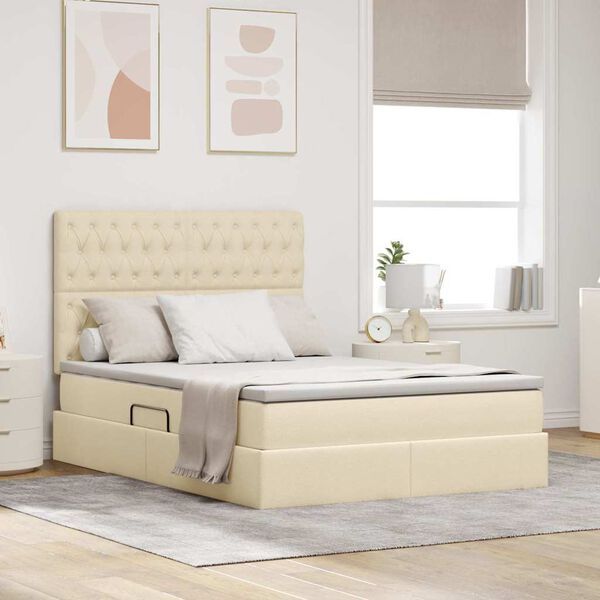 vidaXL Cama con almacenamiento y colch&oacute;n Crema 140 x 200 cm Poli&eacute;ster