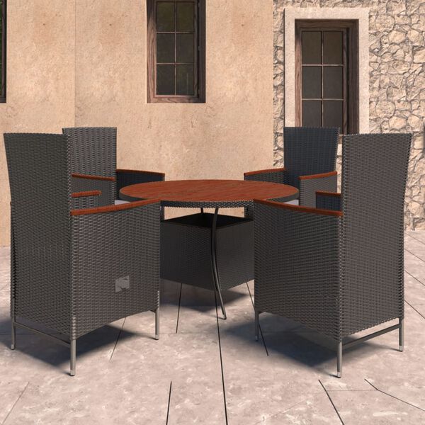 vidaXL Set comedor de jard&iacute;n 5 piezas rat&aacute;n sint&eacute;tico y cojines negro