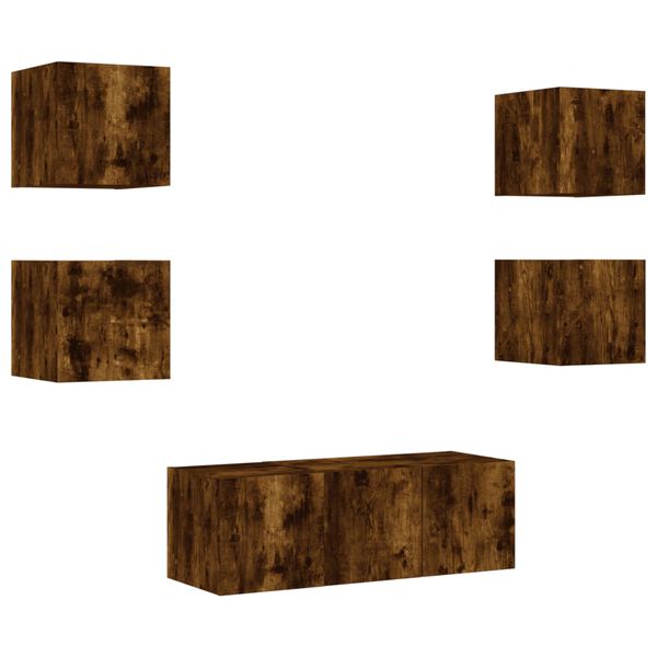 vidaXL Muebles TV pared con LED 6 pzas madera ingenier&iacute;a roble ahumado