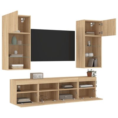 vidaXL Muebles TV pared con LED 5 pzas madera ingeniería roble Sonoma