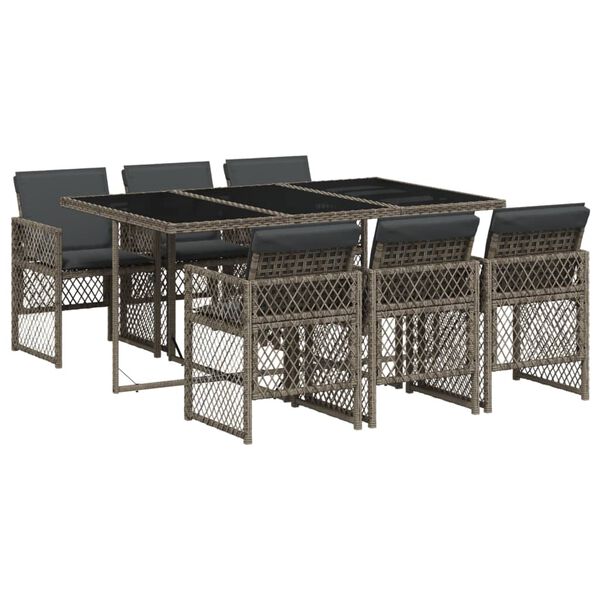 vidaXL Set comedor jard&iacute;n 7 pzas y cojines rat&aacute;n sint&eacute;tico gris