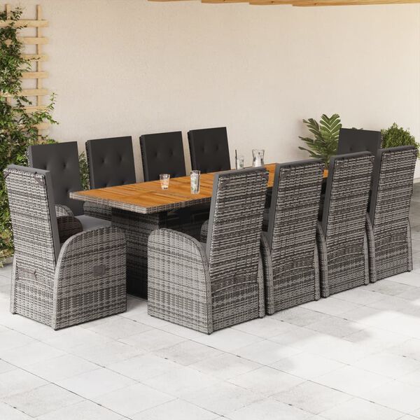 vidaXL Set de comedor de jard&iacute;n 11 pzas y cojines rat&aacute;n sint&eacute;tico gris
