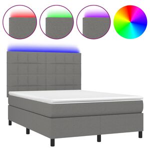 vidaXL Cama box spring colch&oacute;n y luces LED tela gris oscuro 140x190 cm