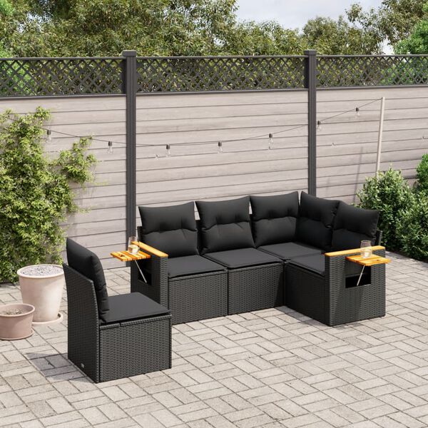 vidaXL Set de muebles de jard&iacute;n 5 pzas y cojines rat&aacute;n sint&eacute;tico negro