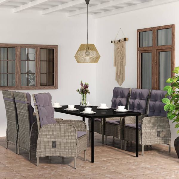vidaXL Juego de comedor de jard&iacute;n 7 piezas con cojines gris y negro