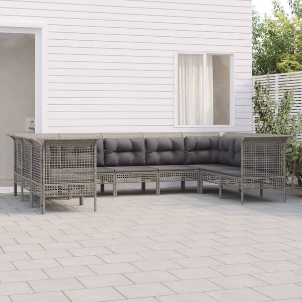 vidaXL Set de muebles de jard&iacute;n 9 pzas y cojines rat&aacute;n sint&eacute;tico gris