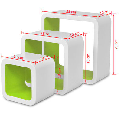 3 estanterías cúbicas material MDF blanco/verde suspendidas libros/DVD