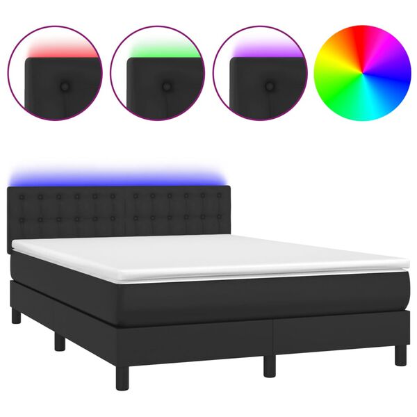 vidaXL Cama box spring colch&oacute;n y LED cuero sint&eacute;tico negro 140x200 cm