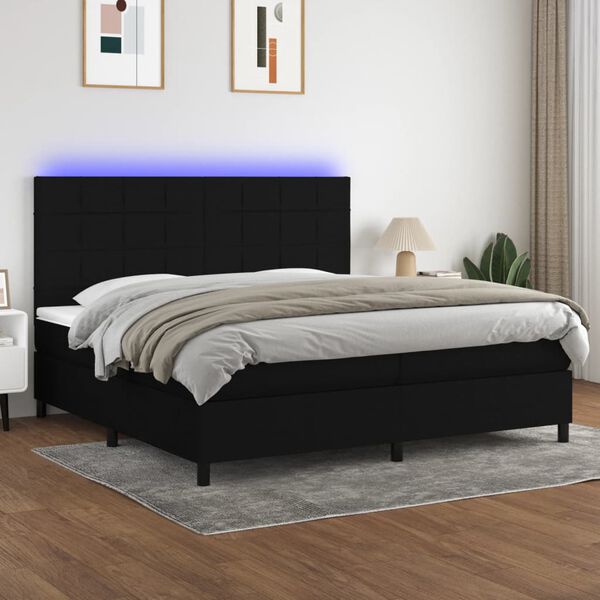vidaXL Cama box spring colch&oacute;n y luces LED tela negro 200x200 cm
