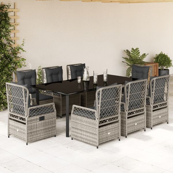 vidaXL Set comedor jard&iacute;n 9 pzas y cojines rat&aacute;n sint&eacute;tico gris