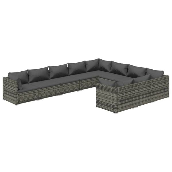 vidaXL Set de muebles de jard&iacute;n 10 pzas y cojines rat&aacute;n sint&eacute;tico gris