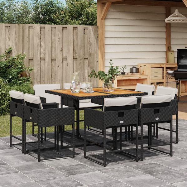 vidaXL Set de comedor de jard&iacute;n 9 pzas y cojines rat&aacute;n sint&eacute;tico negro