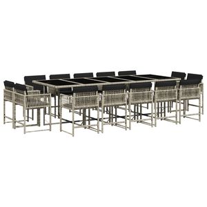 vidaXL Set comedor jard&iacute;n y cojines 15 pzas rat&aacute;n sint&eacute;tico gris claro