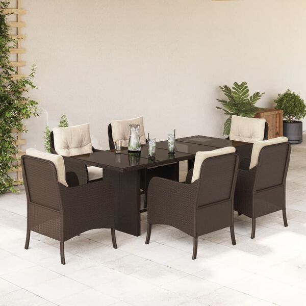 vidaXL Set comedor de jard&iacute;n 7 pzas con cojines rat&aacute;n sint&eacute;tico marr&oacute;n