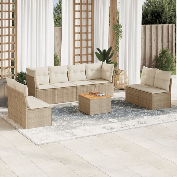 vidaXL Set de sof&aacute;s de jard&iacute;n 9 pzas con cojines rat&aacute;n sint&eacute;tico beige