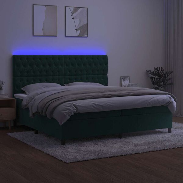 vidaXL Cama box spring colch&oacute;n y LED terciopelo verde oscuro 200x200cm