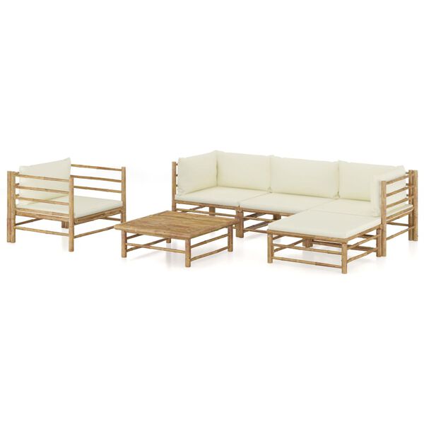 vidaXL Set de muebles de jardín 6 piezas bambú y cojines blanco crema